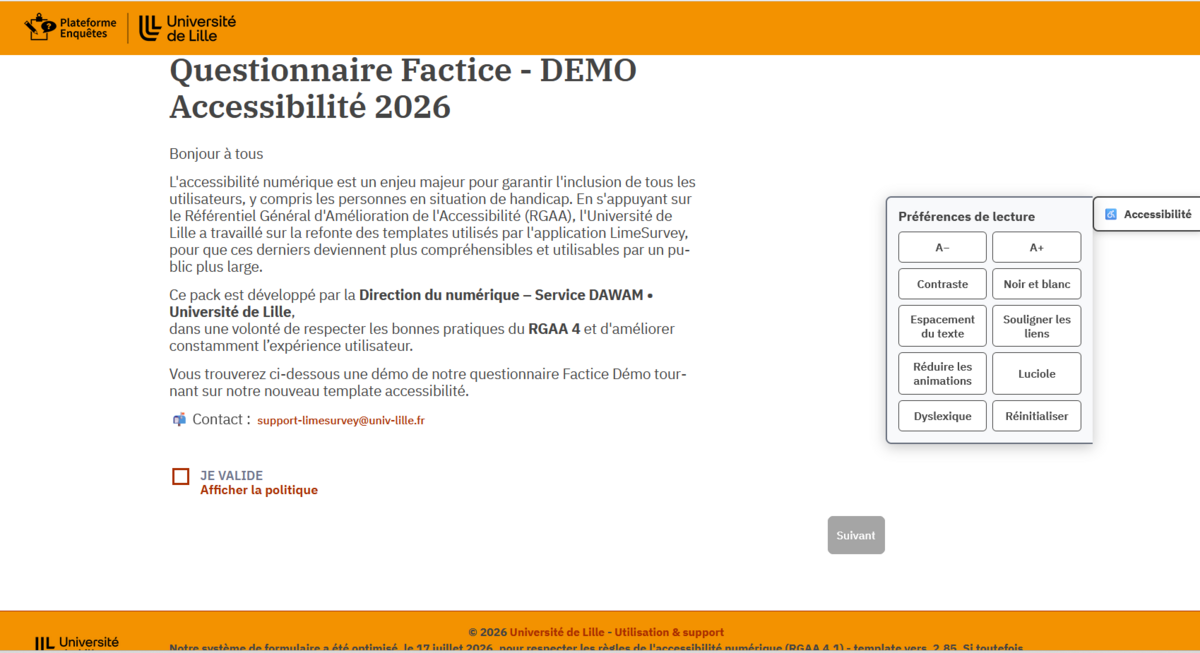 Prévisualisation de la page d'accueil du questionnaire