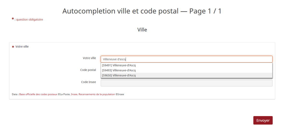 Gérer automatiquement les codes postaux et les codes INSEE dans vos enquêtes LimeSurvey aperçu